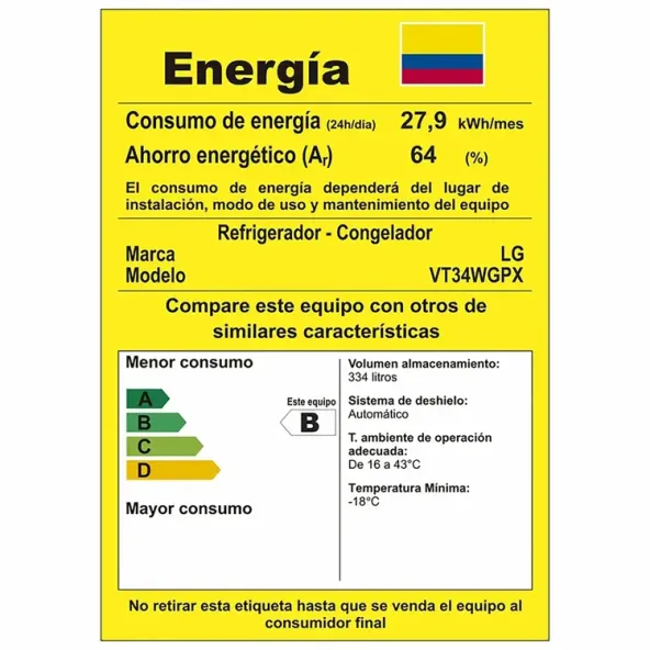 Nevera LG No Frost Congelador Superior 334 Litros Brutos VT34WGPX Gris