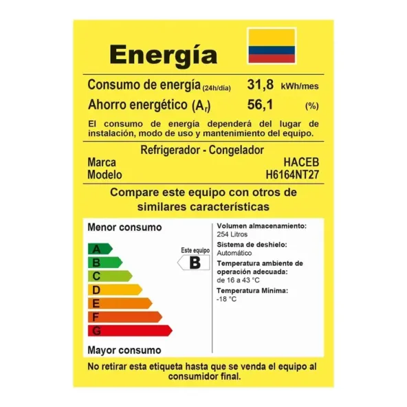 Nevera HACEB No Frost Congelador Superior 254 Litros N271 Manija Interna Inox