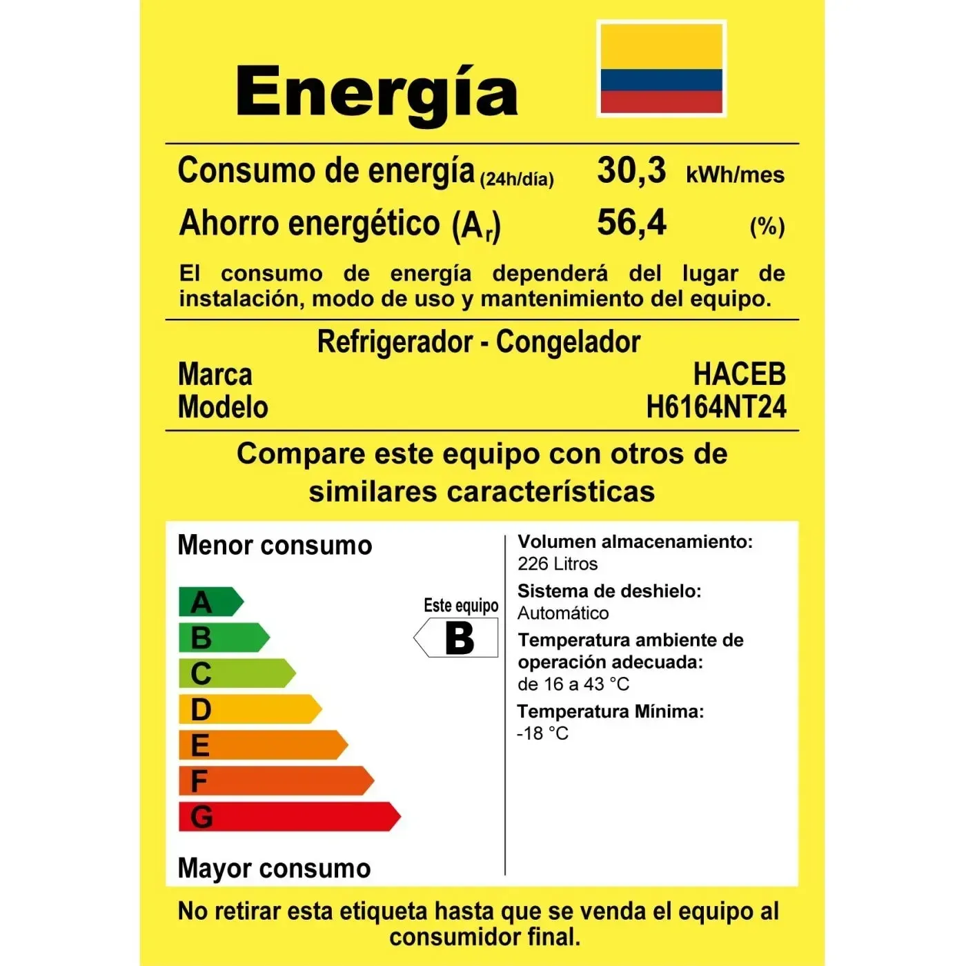 Nevera HACEB No Frost Congelador Superior 226 Litros N243 Manija Integrada Titanio