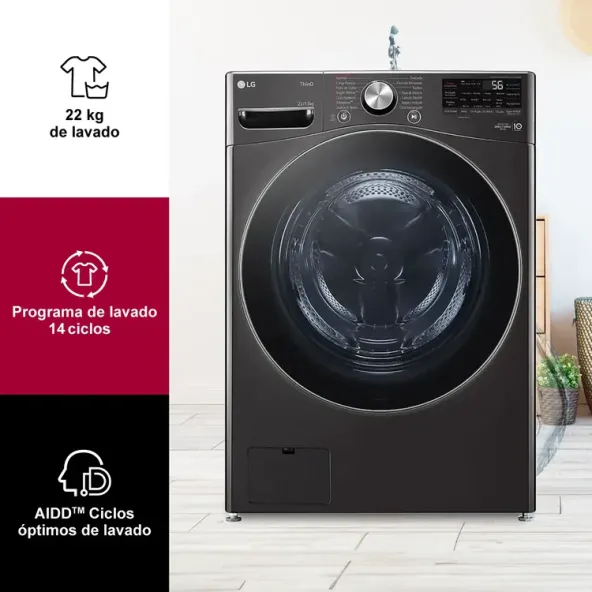 Lavadora/Secadora LG Carga Frontal 22 Kilos WD22BV2S6BR Negra